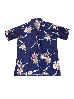Vintage 1980s Barefoot in Paradise Navy Floral Hawaiian Shirt